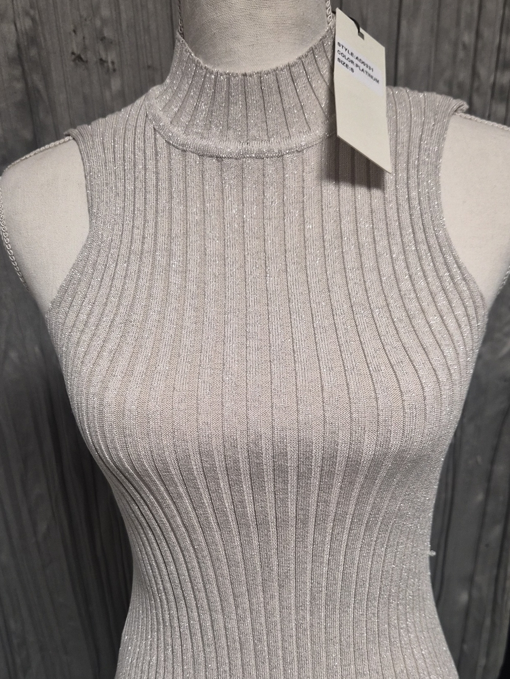 Sleeveless Ribbed Metallic Mock Dress.Stretch Up To Large.